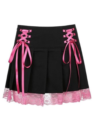 pink ribbon lace black mini skirt