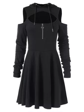◈46% OFF◈ 2018 Cold Shoulder Long Sleeve Hooded Dress In BLACK 2XL | DressLily.com