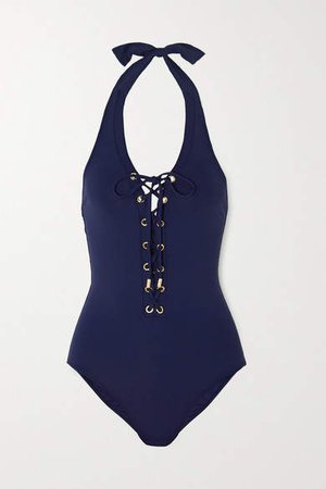 Puerto Rico Lace-up Halterneck Swimsuit - Navy