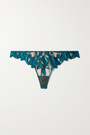 Turquoise Lily velvet-trimmed embroidered stretch-tulle thong | Fleur du Mal | NET-A-PORTER
