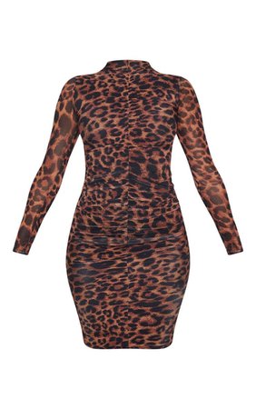 Leopard print ruched mesh midi dress