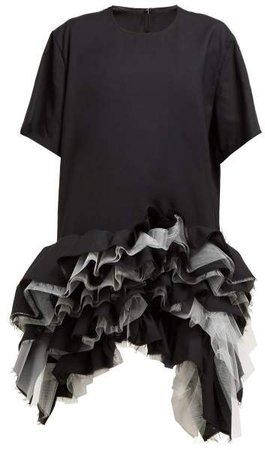 Ruffled Tulle Tiered Wool Dress - Womens - Black
