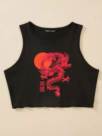 Chinese Dragon & Chinese Characters Print Tank Top | SHEIN USA black