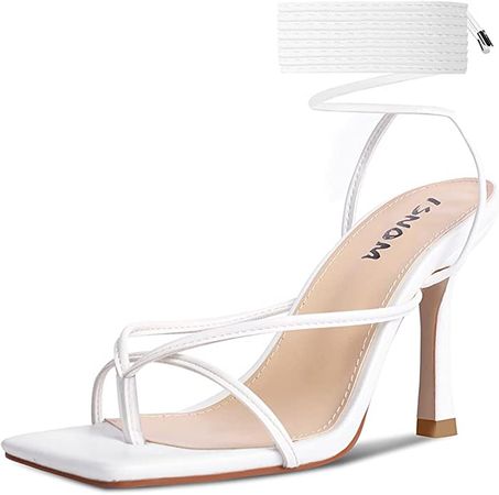 Amazon.com | ISNOM Lace Up Heels Sandals for Women, Square Toe Open Toe Thong Strappy Heels Women's Stiletto Heeled Sandals -White | Heeled Sandals