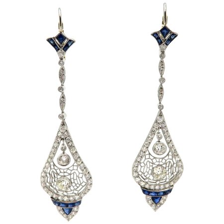 Platinum Art Deco Style Old European Cut Diamond and Sapphire Dangle Earrings For Sale at 1stDibs