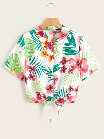 Tropical & Floral Print Button Front Knot Hem Blouse | SHEIN USA