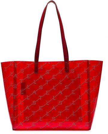 red logo embellished transparent PVC tote bag