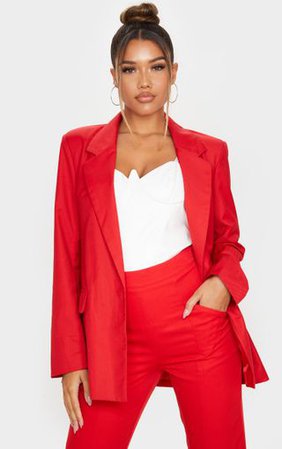 Red Longline Oversized Woven Blazer | PrettyLittleThing