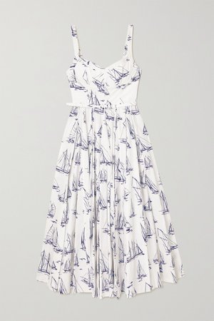 White Elita belted pleated printed poplin midi dress | Emilia Wickstead | NET-A-PORTER