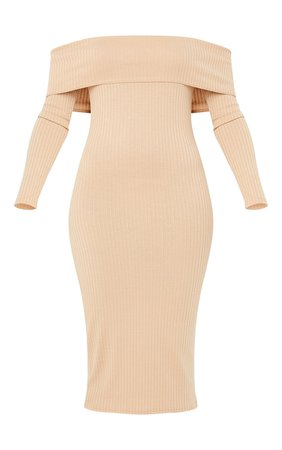 Stone Ribbed Folded Bardot Midi Dress | PrettyLittleThing USA