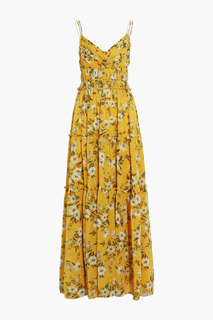 ML MONIQUE LHUILLIER Gold Ochre tiered ruched floral-print georgette maxi dress
