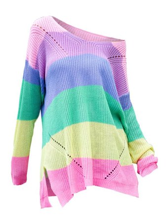 [26% OFF] Rainbow Colorblock Pointelle Knit Slit Oversized Sweater | Rosegal