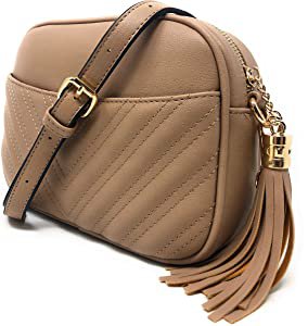 Chevron Quilted Crossbody Shoulder Bag with Tassel accent and Adjustable Strap by lola mae (Taupe): Handbags: Amazon.com