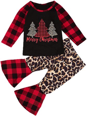 Amazon.com: Toddler Baby Girl Kids Christmas Outfit Leopard Long Sleeve Print Tops Plaid Flare Pants 2 Piece Clothes Set (A- Black Christmas Tree, 6-12 Months): Clothing