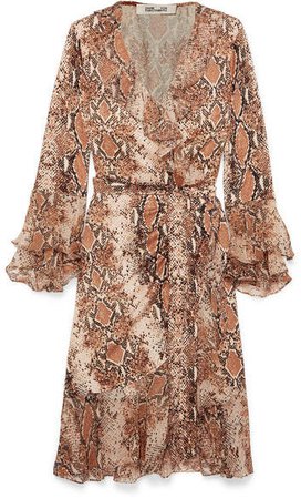 Carli Ruffled Snake-print Silk-jersey And Georgette Wrap Dress - Brown