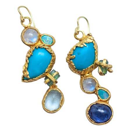 Turquoise Tourmaline Crystals 22k-21k Gold Handmade Dangle Drop Organic Earrings For Sale at 1stDibs
