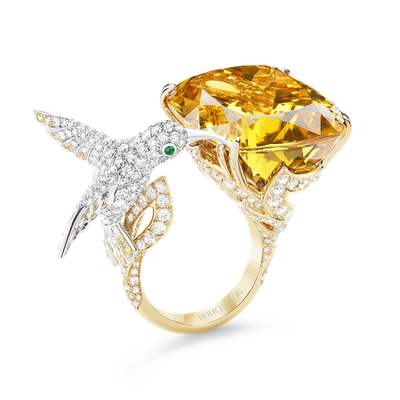 Boucheron, HOPI, THE HUMMINGBIRD RING Ring set with a yellow beryl, paved with diamonds and yellow sapphires, in yellow gold and white gold