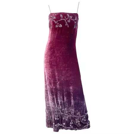 NWT 1990s HALSTON Burgundy Ombré Silk Burnout Velvet Devore Beaded 90s Gown For Sale at 1stDibs