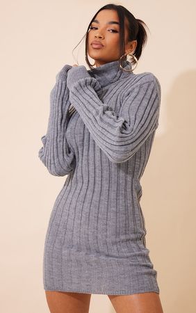 Grey Roll Neck Knit Sweater Dress | PrettyLittleThing USA