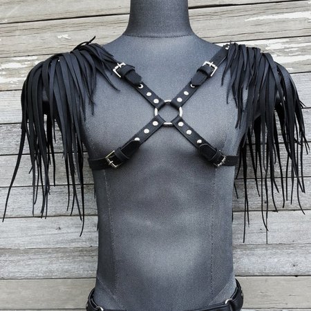Primitive Feathered Black Leather Unisex Harness with Nickel