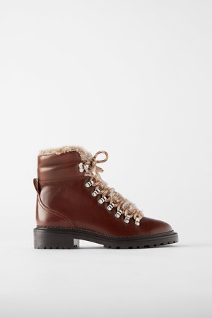 LOW - HEELED LEATHER HIKING BOOTS WITH FAUX FUR TRIM-Booties-SHOES-WOMAN | ZARA United States