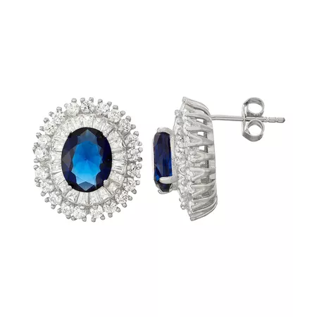 Sterling Silver Lab-Created Blue & White Sapphire Halo Stud Earrings