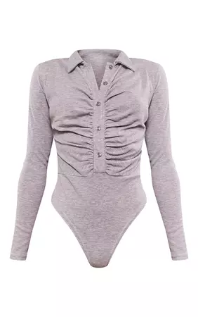 Grey Rib Ruched Front Shirt Bodysuit | PrettyLittleThing USA