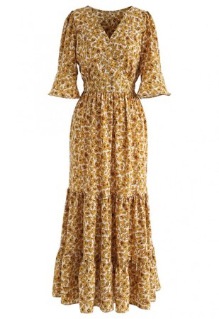Wildflower Flare Sleeves Wrapped Maxi Dress in Mustard - NEW ARRIVALS - Retro, Indie and Unique Fashion