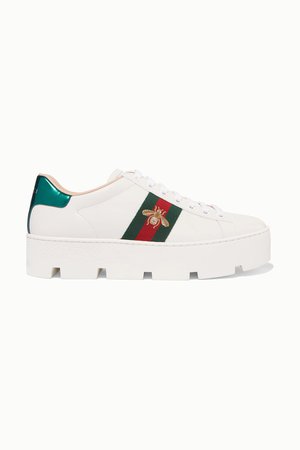 White New Ace embroidered leather platform sneakers | Gucci | NET-A-PORTER