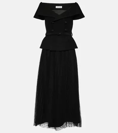 Plisse Off Shoulder Midi Dress in Black - Self Portrait | Mytheresa