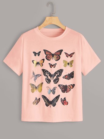 Butterfly Print Round Neck Tee | SHEIN