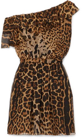One-shoulder Ruffled Leopard-print Silk-chiffon Mini Dress - Brown