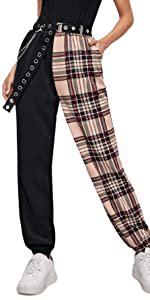 DIDK Women's Tartan Plaid Mid Waist Straight Pants Yellow Chained M at Amazon Women’s Clothing store