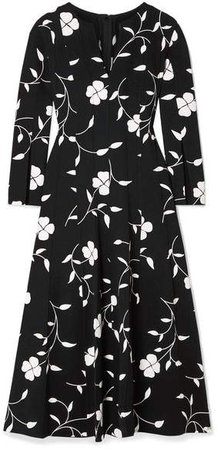 Pleated Floral-print Wool-blend Crepe Midi Dress - Black