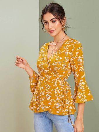 Ditsy Floral Tie Side Wrap Blouse | SHEIN