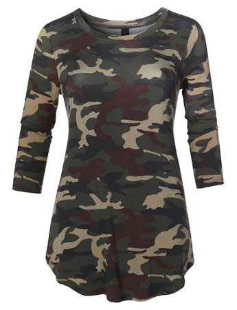 Casual Loose Fit Round Neck 3/4 Sleeve Camouflage Print Stretch Tunic | LE3NO green brown