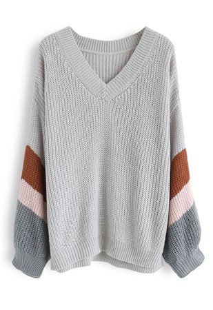 V-Neck Color Blocked Sleeves Knit Sweater in Grey - Retro, Indie and Unique Fashion