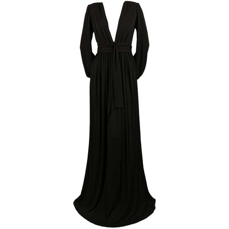 1970's YVES SAINT LAURENT long black jersey gown with matching sash For Sale at 1stDibs