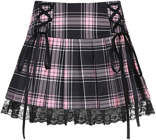 Women Lace Patchwork Mini Pleated Skirts High Waist Lace Up Ruffle Short Skirts Harajuku Goth Skirt (Black, S) at Amazon Women’s Clothing store