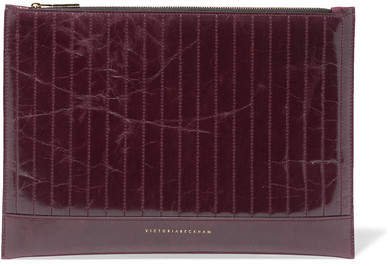 Quilted Glossed Textured-leather Pouch - Burgundy