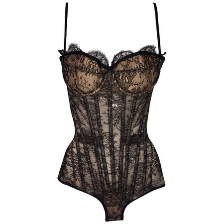 *clipped by @luci-her* Victorian Sheer Black Lace Padded Corset Bodysuit For Sale at 1stDibs
