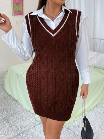 Striped Trim Cable Knit Sweater Dress