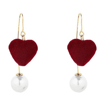 Artificial Pearl Fuzzy Valentine's Day Heart Earrings Wine Red ($3.05)