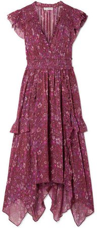 Ressie Ruffled Shirred Floral-print Silk-georgette Midi Dress - Plum