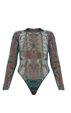 Green Marble Print High Neck Mesh Bodysuit | PrettyLittleThing USA