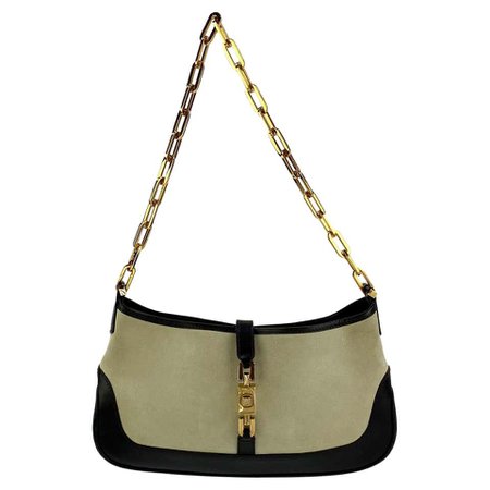 F/W 2000 Gucci by Tom Ford Grey Taupe Suede Jackie with Gold Chain Black Leather bag