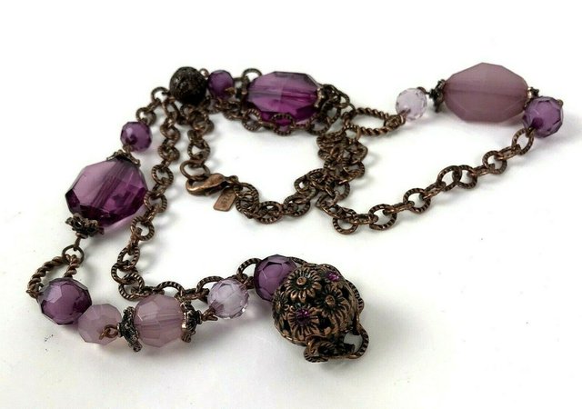1928 Necklace Purple Bead Copper Color Rhinestone Long faceted | eBay