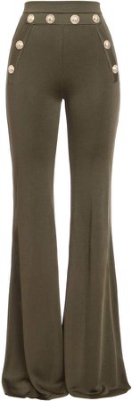 Button-Trim Flared Crepe Trousers