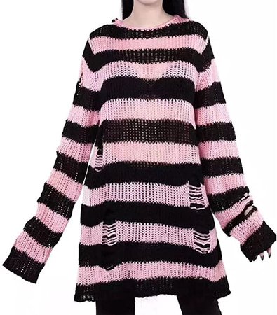 Women's Loose Hollow Knit Sweater Striped Casual Punk Gothic Long Sleeve Round Neck Pullover Sweaters Tops (Pink Long, One Size) at Amazon Women’s Clothing store