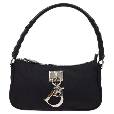 Christian Dior Black Nylon Leather Silver Charm Top Handle Pochette Shoulder Bag For Sale at 1stDibs
